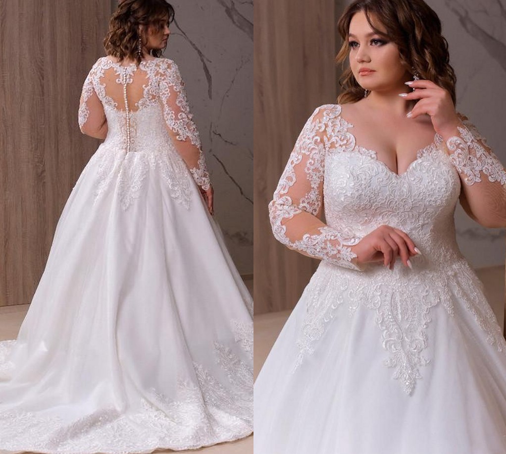 Plus Size V-Neck special Dress 2024 - Long Sleeve Lace A-e Bridal Gown with Sweep Train