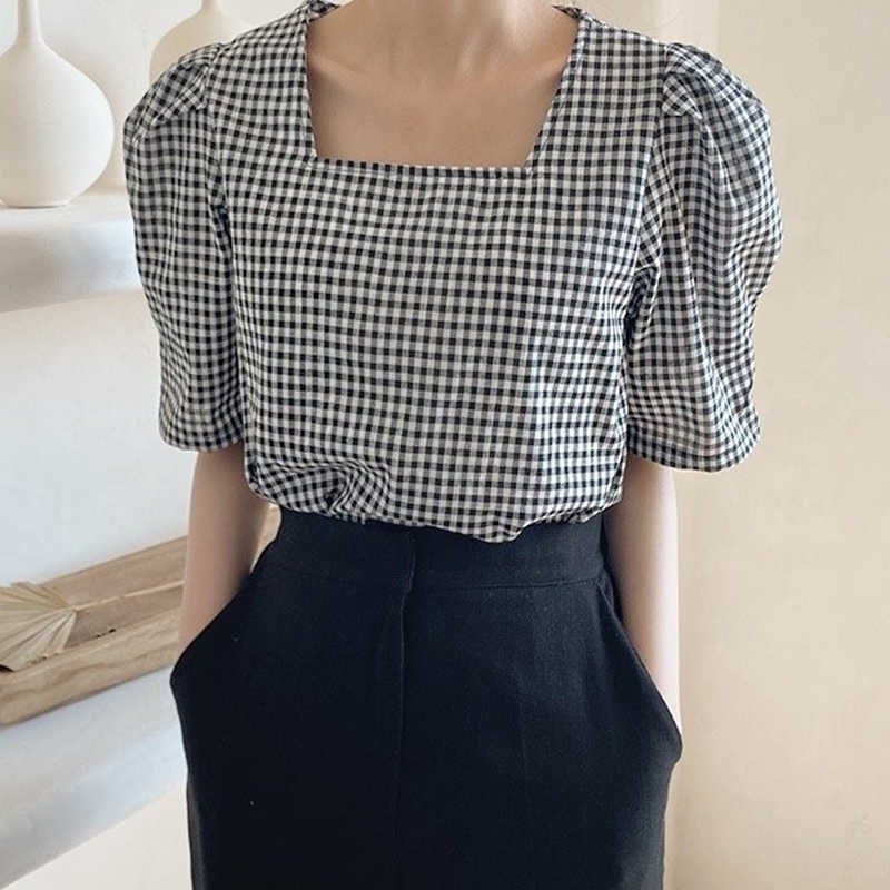 Korejpaa Women Blouses Korean Chic Summer Gentle Square Collar Plaid Fashion Loose-fitting Bubble-sleeved Female Shirt Top 210526