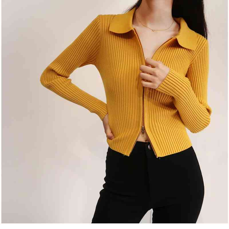 Women Dual Zipper Ribbed Sweater Shirt Cropped Knit Cardigans 210512