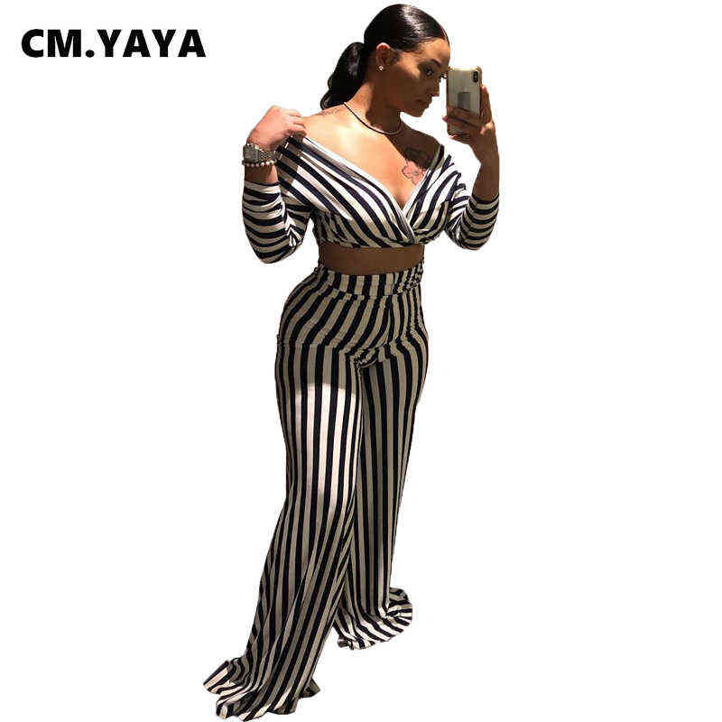 CM.YAYA Aumutn Women set Striped Full Sleeve Sexy Fashion Loose Pants Deep V-Neck Two Set 211105