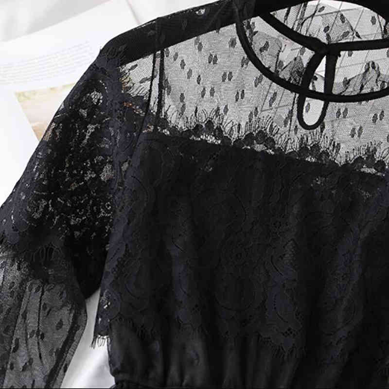 Black White Lace Dress Party Women Elegant Cake Lotus Leaf Collar Midi Fairy Mesh Dresses Elastic Waist Spring Summer Vestidos 210521