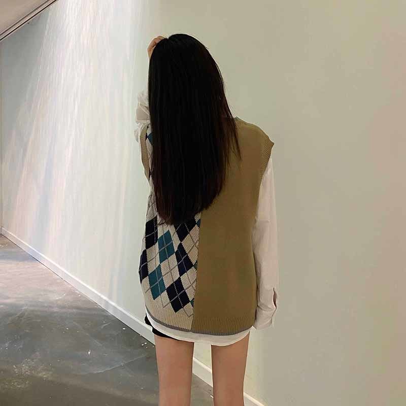 autumn and winter preppy color patchwork knitted v neck twist vest sweaters womens sweaters and pullovers womens (X1632) 210423