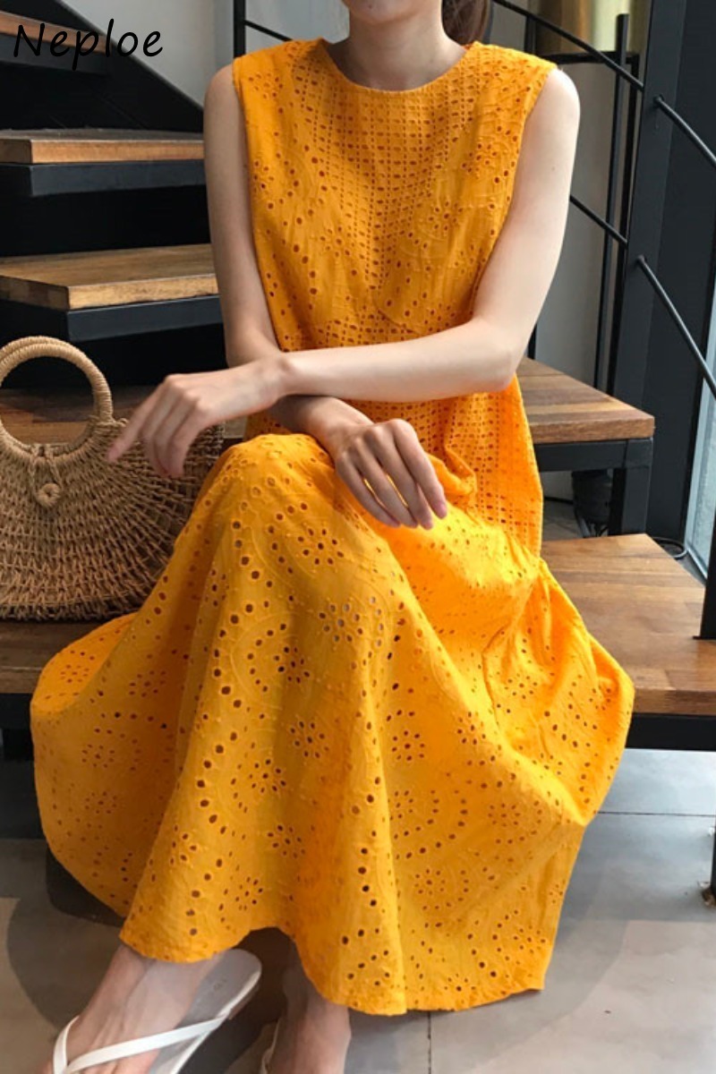 Chic French Retro Ladies Dress Round Neck Sleeveless Hollow Loose Dresses Women Summer Fashion Vestidos 1F468 210422Z