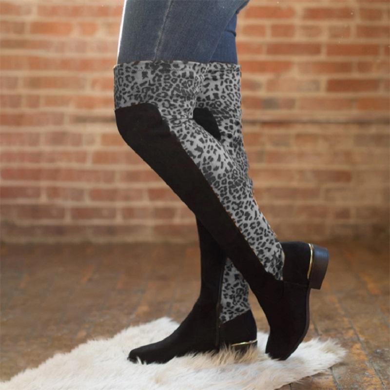 Elegant Women's Thigh High Boots - Round Toe, Comfortable Low Heels, Multiple Color Options Including Leopard