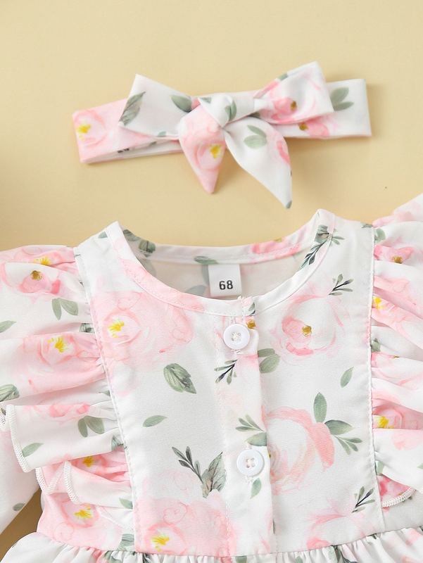 Baby Floral Print Ruffle Trim Dress With Headband SHE