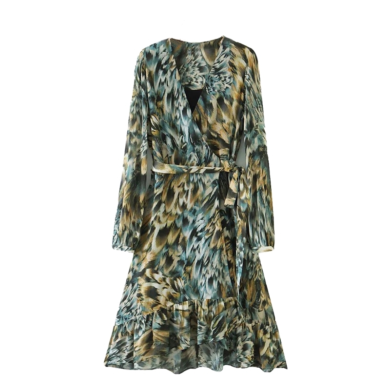 New Women Dress Tie-dye Printed Crossover V-neck sashes Long Sleeves Dress elegant Femme Robe Ropa Mujer Vestidos 210409