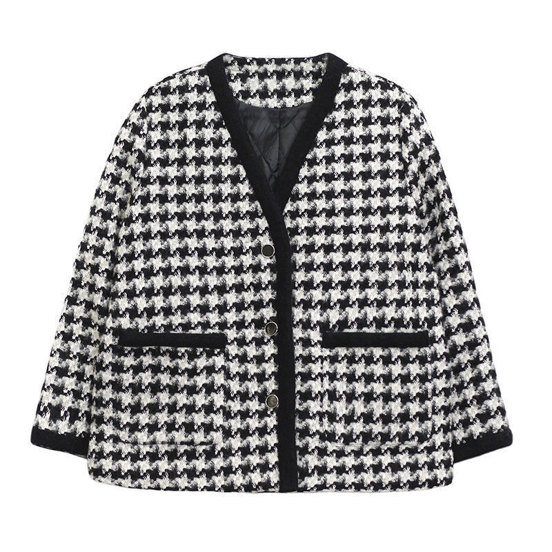 Black White Houndstooth Jackets Women's Autumn Winter V Neck woolen Jacket Vintage Girls Chic Short Loose Thick Plaid Coats 210522