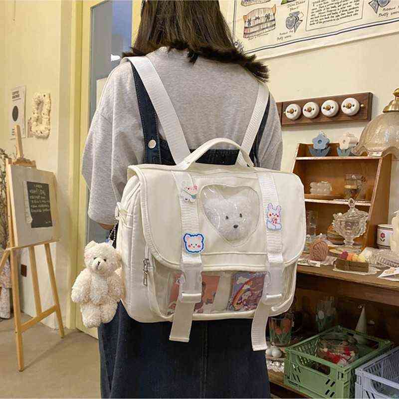 Women Kawaii Backpack for School with Clear Pocket Japanese Harajuku Girls Shoulder Bag Cute Kawaii Heart Ita Bag Anime Y1105