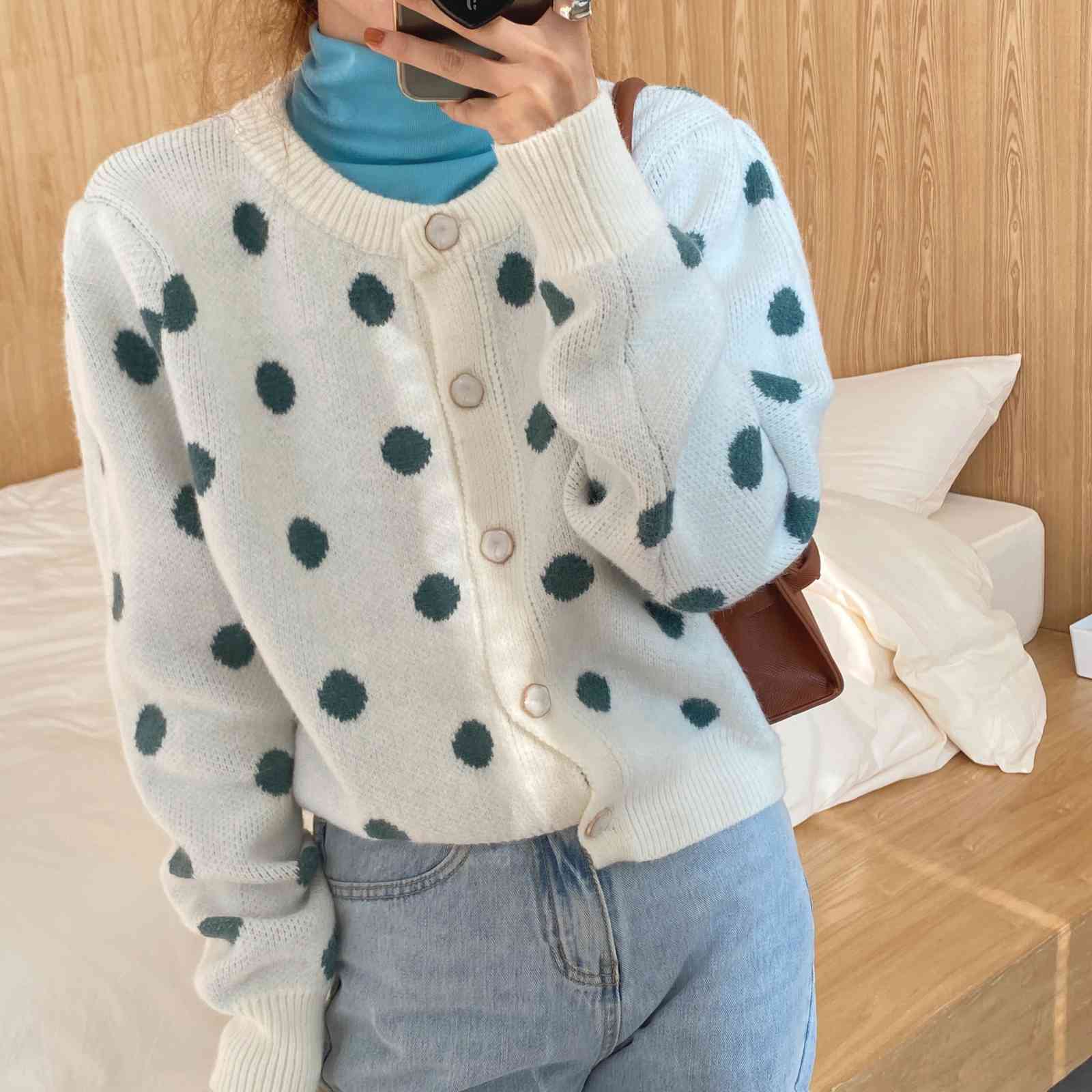 OL Outwear Tops Loose Dot Print Sweater Women Autumn Winter Elegant Long Sleeve Knitted Cardigan Female Sweaters 210421