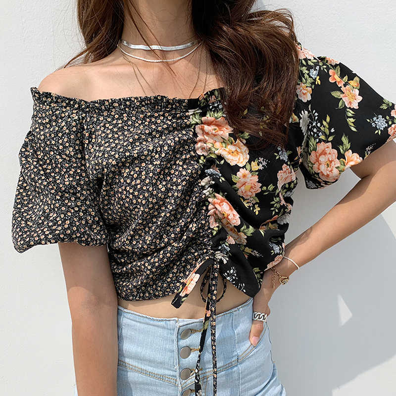 Korejpaa Women Shirt Summer Korean Retro Wood Ear Off-Shoulder Pleated Drawstring Stitching Floral Lantern Sleeve Blouses 210526