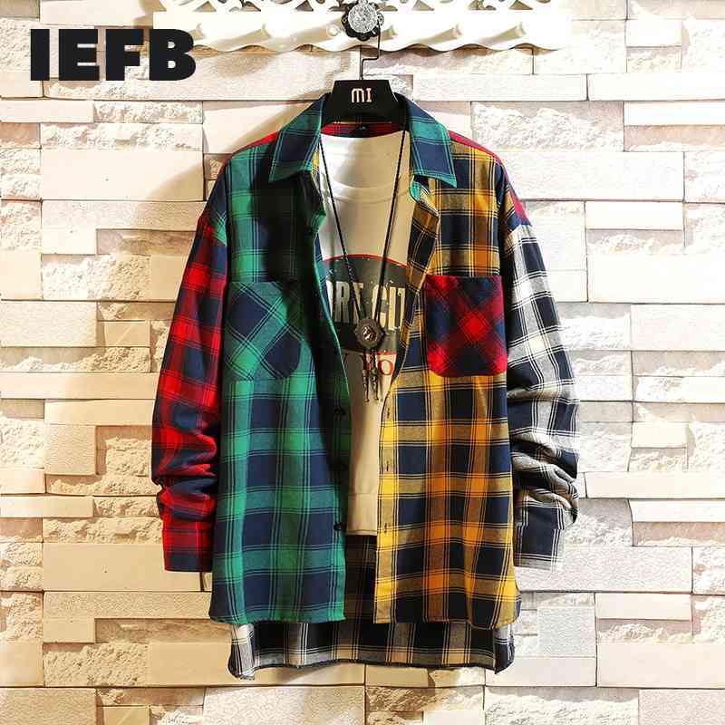 IEFB /autumn personality Korean style trend of color matching plaid shirt men's casual hip hop loose long-sleeved shirt 5XL 0023 210410