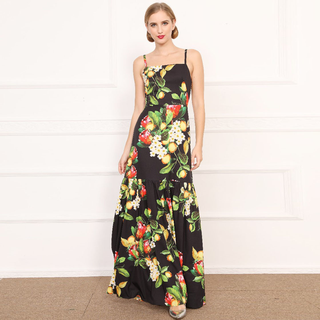 Elegant Boho A-line Camisole Sexy Dresses Women Runway Maxi Dress Vintage Summer Party Flower Printed robe femme été 210421