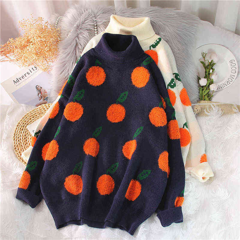 EBAIHUI Autumn Winter Sweaters Pullover Cherry Pattern Long Sleeve Sweater Women Turtleneck Knitted Jumpers Sweater Mujer 211109
