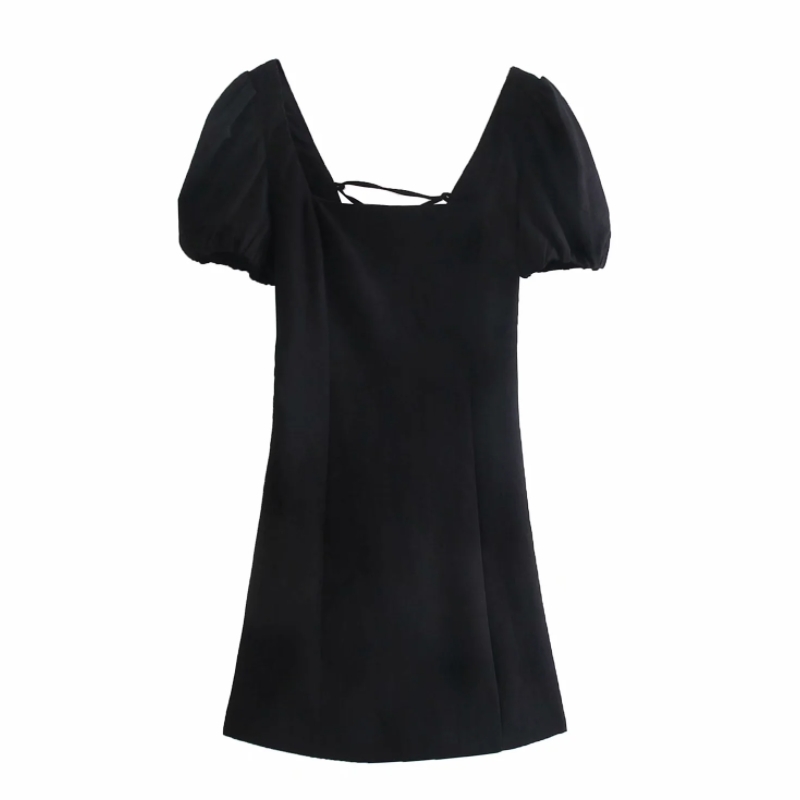 Summer Women Backless Black Linen Mini Dress Female Puff Sleeve Clothes Casual Lady Slim Vestido D7736 210430Z