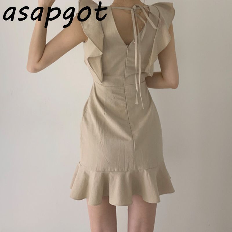 Dresses Chic Korean Sexy Elegant Oversize Sleeveless Ruffles V Neck Wrap Hip Mermaid Dress Women Mini Slim High Waist Lace Up 210429