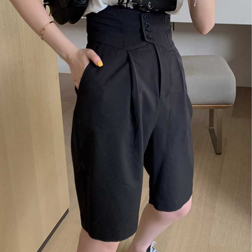 summer fashion High waist wide leg shorts women loose straight casual knee length blazer shorts 210611
