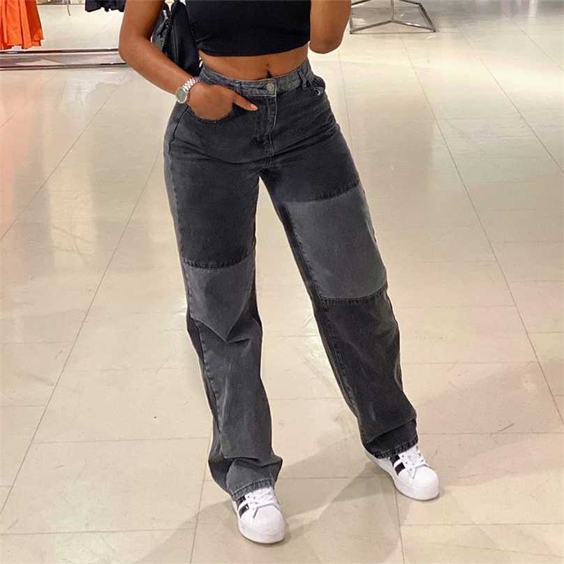 Fashion Patchwork Skinny Straight Jeans Women High Waist Pocket Sexy Color Block High Street Long Grey Denim Pants 211112