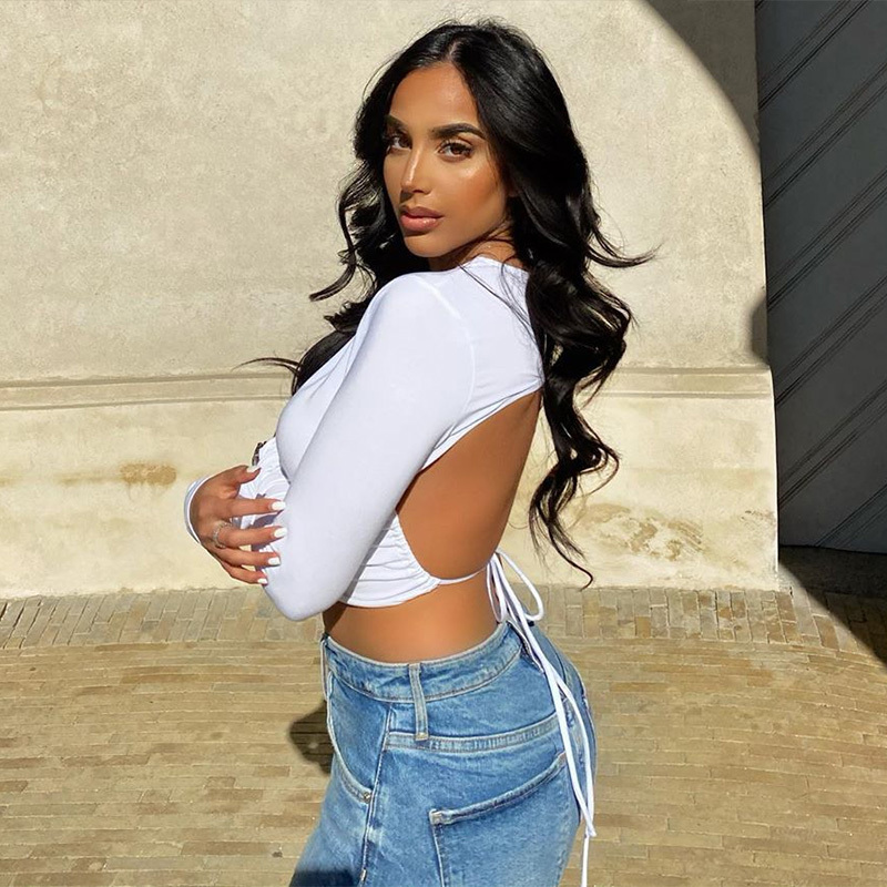 WannaThis Backless Tshirt Crop Tops Women Slim Elastic Fashion Lace up Hollow Out Women Cropped Top Summer Long Sleeve Shirts 210406