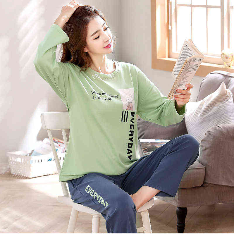 Autumn Cotton Cartoon Pajamas Set Women Pyjamas Sleepwear Loose Long sleeve Pijama Mujer Home Clothes Long Pants Night suit 2pcs 211109