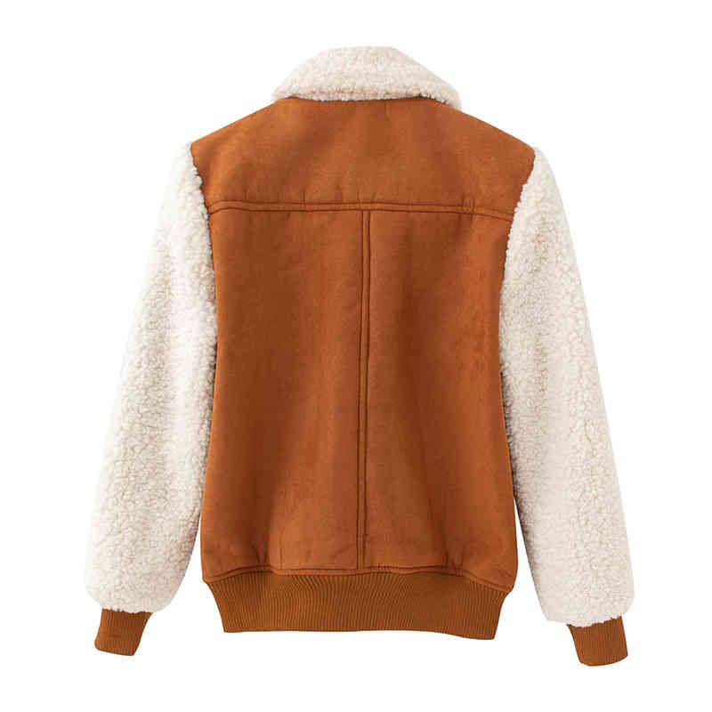 fashion women grain cashmere patchwork jacket streetwear lady turn down collar outerwear causal female pocket 210430