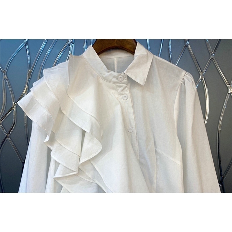 Patchwork Ruffle White Women Shirt Lapel Long Sleeve Irregular Hem Solid Blouse Female Fall Fashion 210524