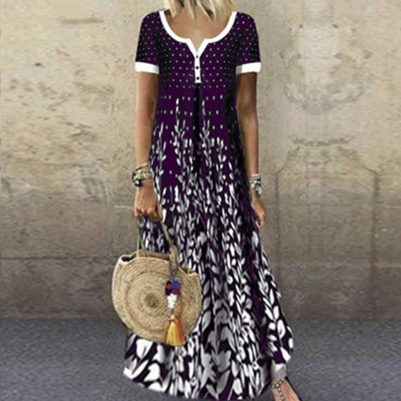 Casual Women Position Print Long Dress Summer Short Sleeve V-neck Dresses Ladies Loose Beach Maxi Dress Vestidos Plus Size Q0707