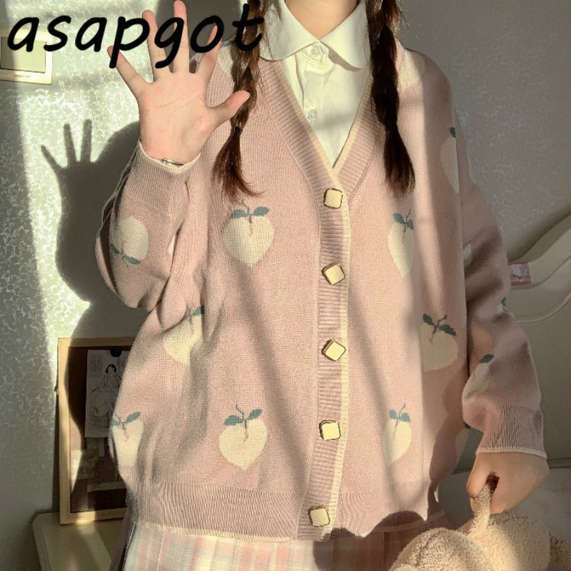 4style Vintage Japan Style Loose V Neck Pink Peach Knitted Cardigan Jacket Autumn Winter Sweet Girls Knitwear Top Fashion Print 210429