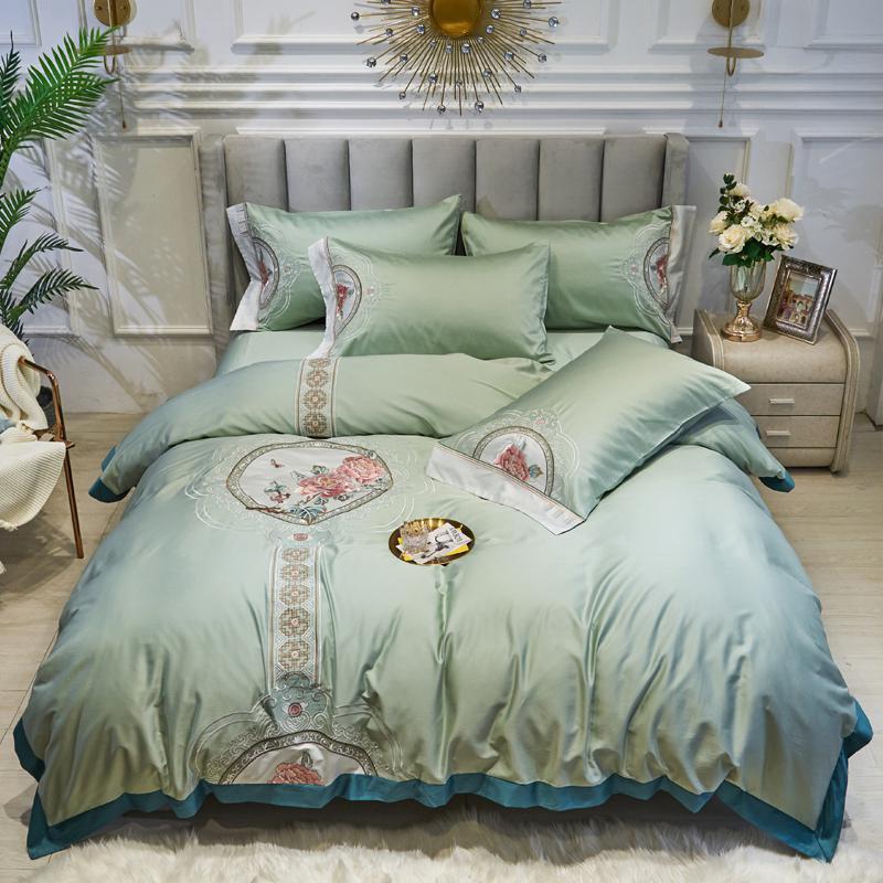 Chinoiserie Style Chic Embroideried Duvet Quilt Cover Queen King Size 4Pcs Premium Egyptian Cotton Soft Bedding Set Bed Sheet Sets