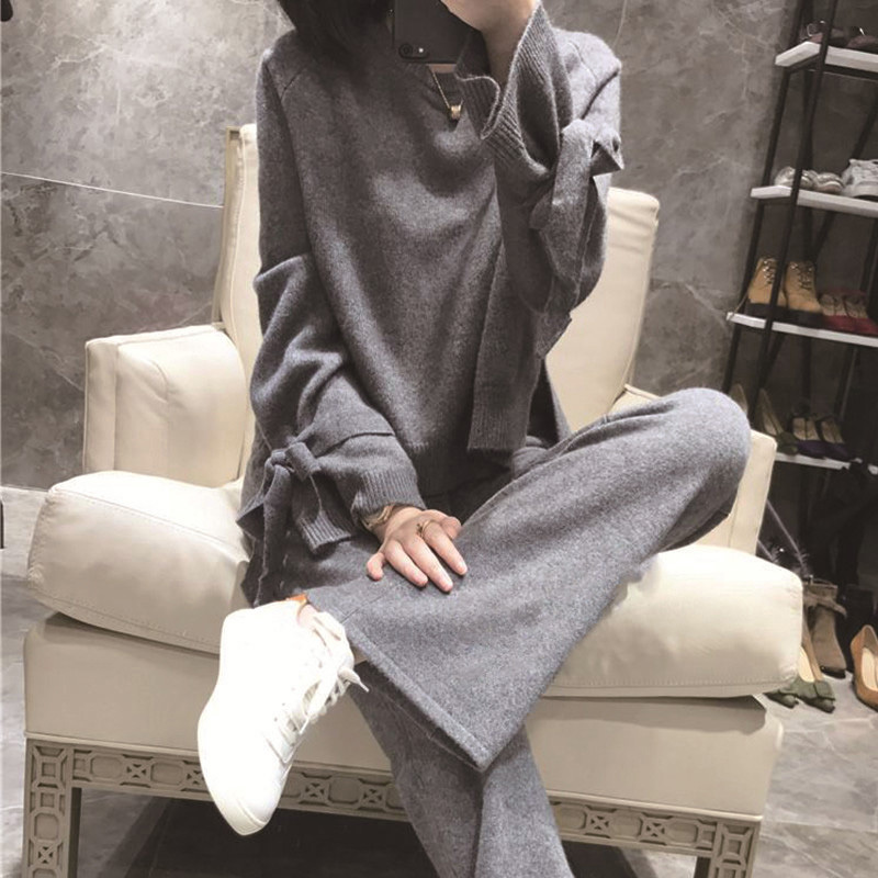 Women Sets High quality Wool knitted Two Piece Set Cashmere Loose Sweater Pullover Elastic Wiast Pants Suit Tracksuit 677G 210420