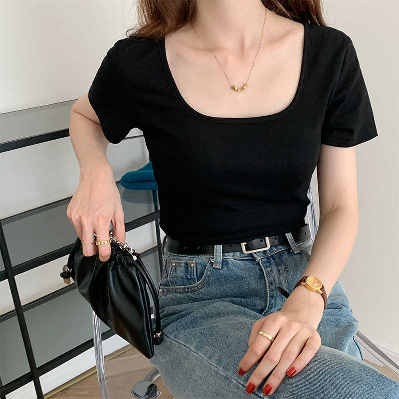 Elegant Square Collar Dew Clavicle Solid Crop Top Summer Simple All Match Short Sleeve Tshirt Women Chic Slim Bottoming Tee 210525
