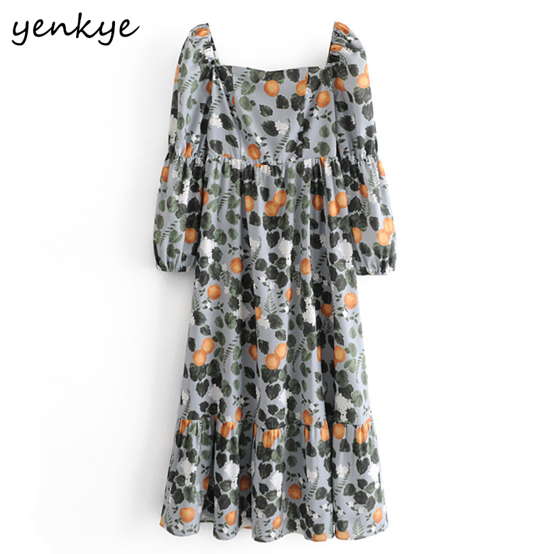 Vintage Lemon leaves Print Prairie Chic Dress Women Sexy Square Neck Long Sleeve A-line Chiffon Summer Vestido 210430