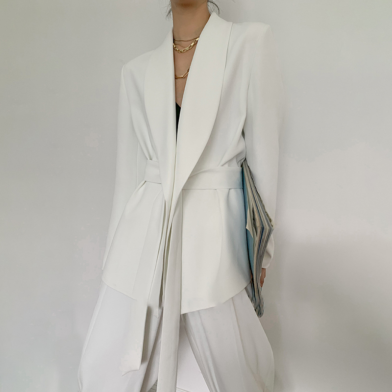 [EWQ] Coat High Waist Pants Legs Adjustable Female Casual Set Women Lapel Collar Long Sleeve Loose Belt Blazer 220315