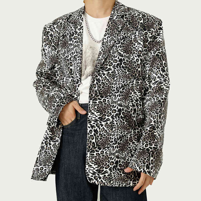 IEFB Men's Clothing Trend Leopard Print PU Leather Casual Jacket Vintage Noched Collar Long Sleeve Suit Coat 9Y7305 210524