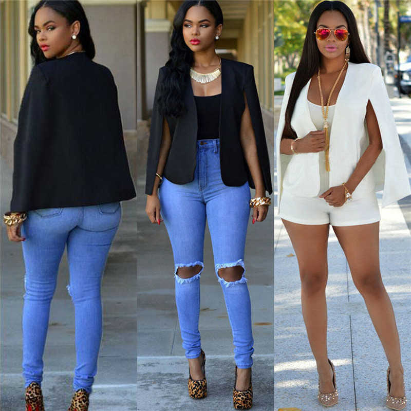 2019 Special Offer Women Elegant Solid Open Front Cape Sleeve Blazers OL White Black Streetwear Modern Ladies Outdoor Coat New X0721