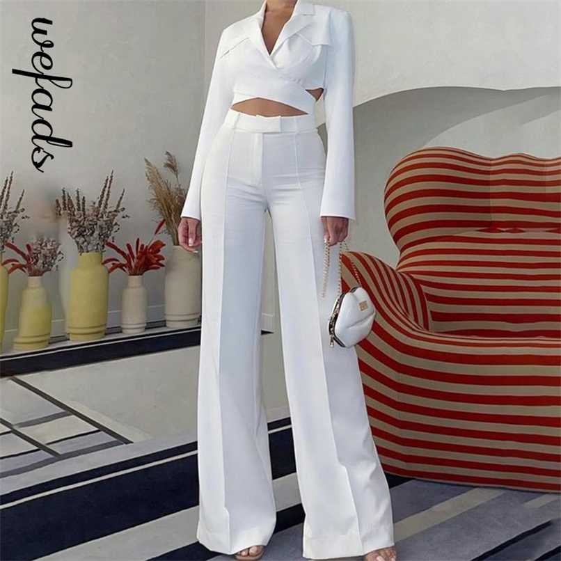 Wefads Women's Two Piece Sets Long Sleeve Solid Color Tie Suit Autum Sexy Streetwear Turn-down Collar Top Wide Leg Pant 211116