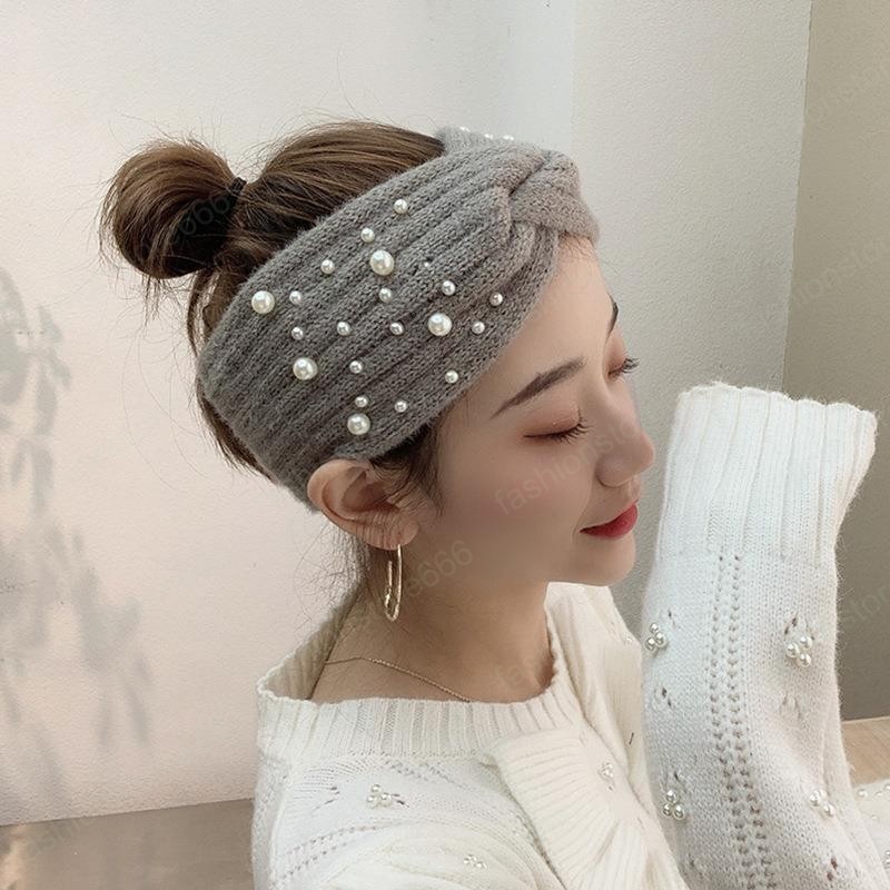Women Fashion Knitted Headband Elegant Temperament Pearl Wide-brimmed Hair Bands Autumn Winter Warm Headwear Hair Accessories