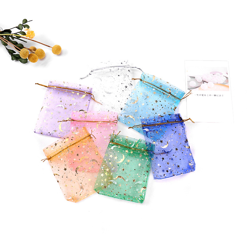 Drawstring Pouches Bags for Jewelry Organza Pouch Gold Moon Star Transparent Mesh Wedding Christmas Gifts Package Portable Storage Bag Necklace Ring P