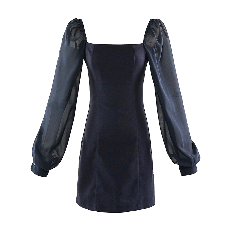 Summer Dress Dark Blue Long Sleeve Slim Commute Mini Sexy Hip Woman Square Collar Vestido 13274 210427