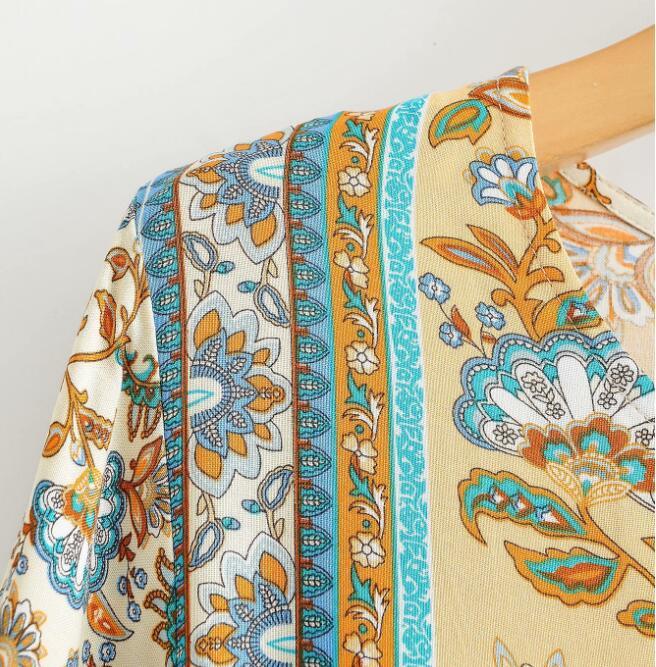 Bohemia Stream Buttons V neck Floral Print Long Sleeve BOHO Dress Woman Bandage Lacing up Waist Mid Calf Holiday Dresses 210429