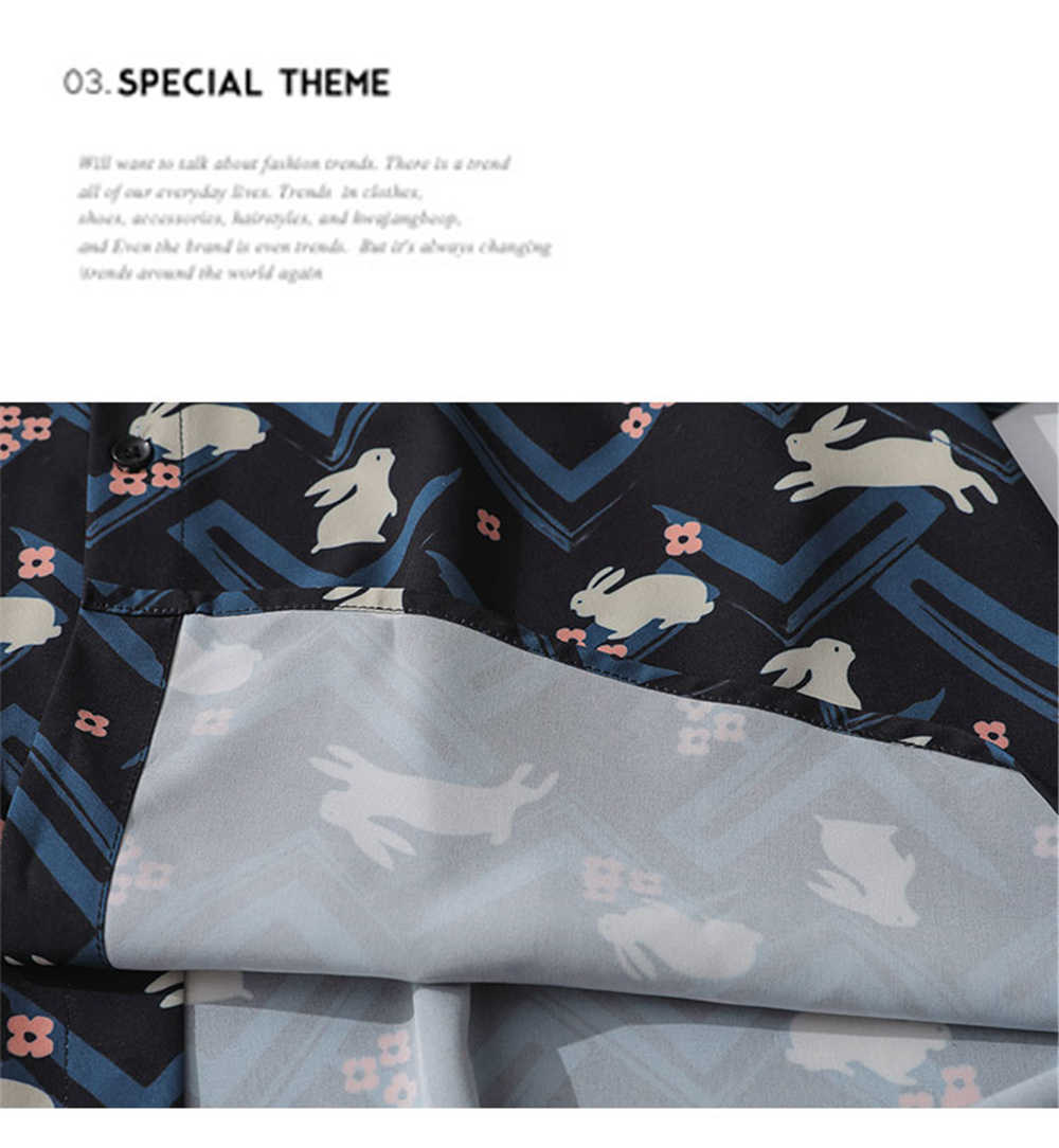 Mens Summer Vintage Rabbits Print Fashion Shirts Casual Short Sleeve Beach Tops Black Loose Casual Unique Charm Shirt Tops 210601