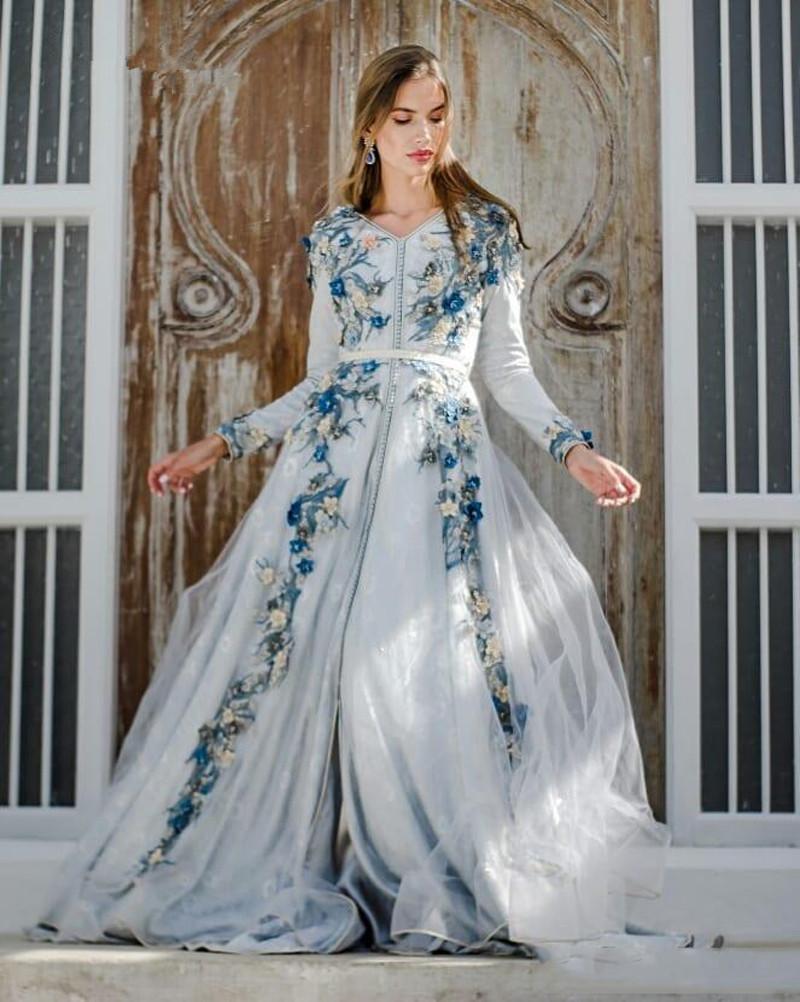 Elegant Kaftan Sky Blue A Line Formal Evening Dresses 3D Floral Lace Appliques Arabic Dubai Moroccan Muslim Long Sleeves Celebrity Party Gowns Prom Dr