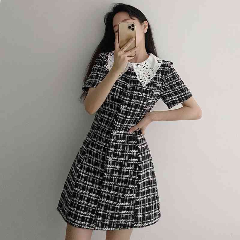 Neploe Vintage Dress Women Lace Peter Pan Collar Patchwork Korean Vestidos Single Breasted Slim Waist Short Sleeve Plaid Dresses 210422