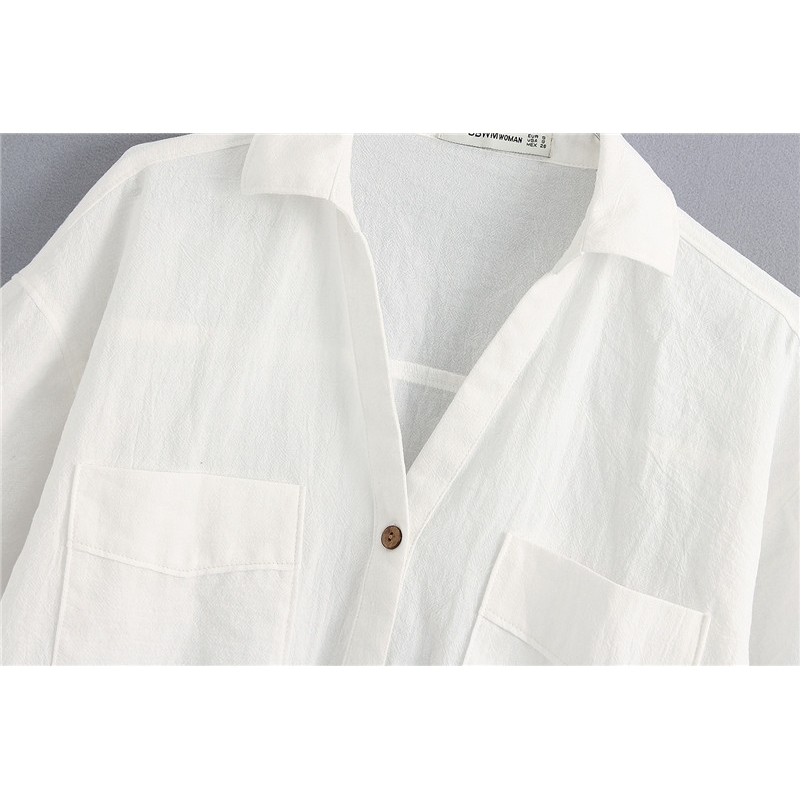 Fashion Spring Pockets Loose Linen Blouses Vintage Short Sleeve Side Vents Female Shirts Chic Tops Women 210508