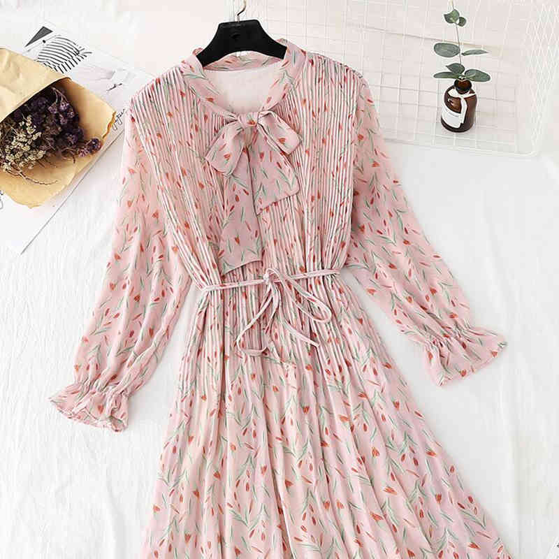 Elegant Women Floral Print Midi Dress Female Casual Long Sleeve Pleated Chiffon Dresses Vintage Bow Ruffle A-line Dress Vestido 210521
