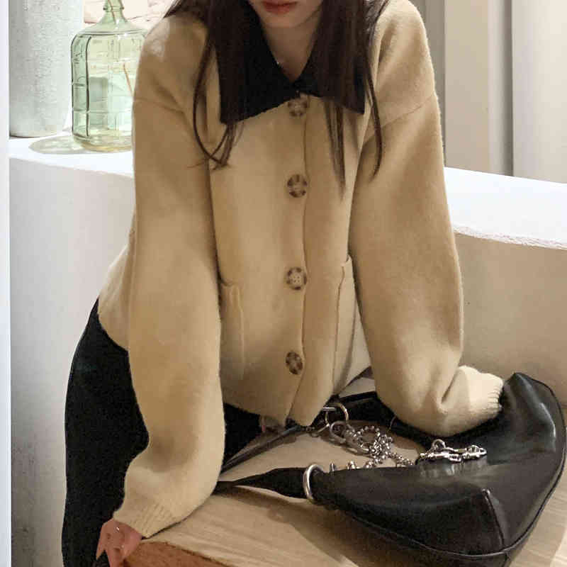 autumn and winter korean style french turn down collar knittd cardigans womens vintage sweaters cardigans womens (C9889) 210423