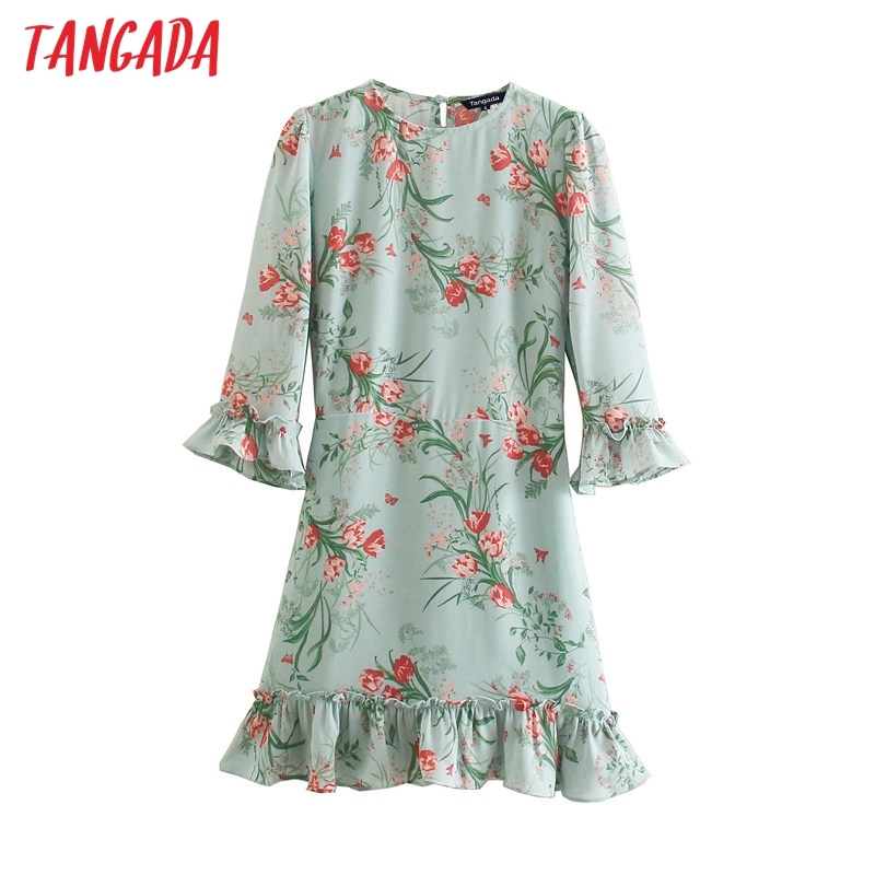 Summer Women Print French Style Office Short Sleeve Lady Chiffon Dress Vestidos 3D09 210416