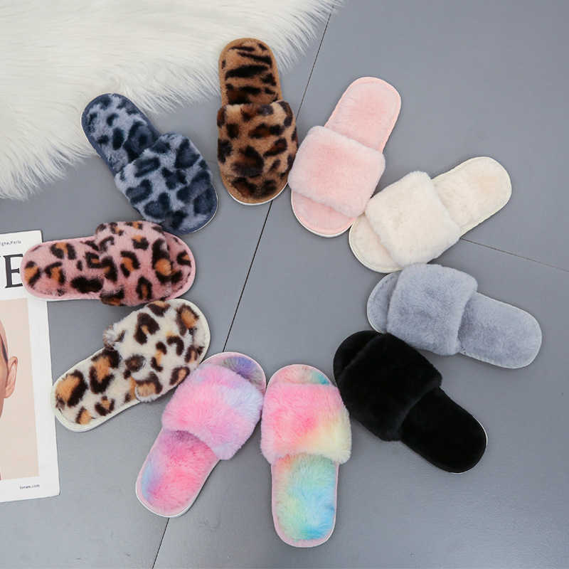 Kids Shoes For Girl Fluffy Slippers Open Toe Flat House Slippers Toddler Girl Shoes Leopard Furry Slippers Winter Indoor Slipper X0703