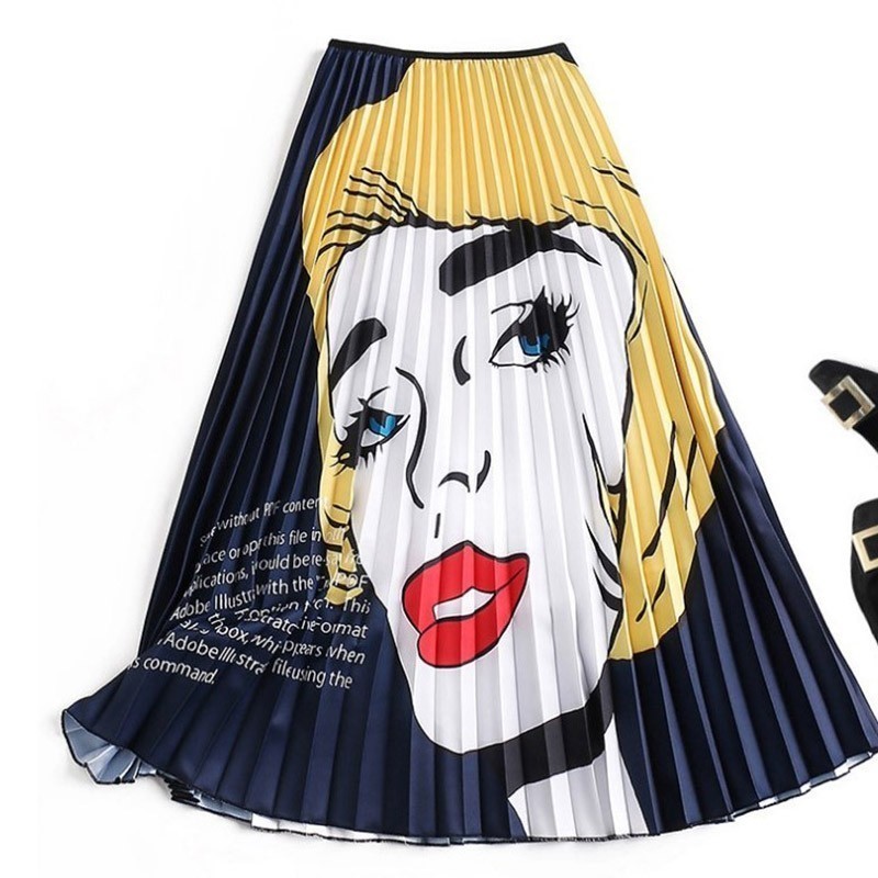 Women Fashion Girl Print Skirts Cartoon Pattern High Elasticity Pleated Midi Shirt Street A-Line Shirts Plus Size 210428