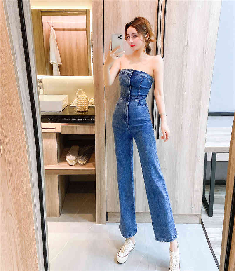 Summer Women Sexy Strapless Denim Jumpsuits Chic Retro Backless Sleeveless Streetwear High Waist Slim Rompers 210518