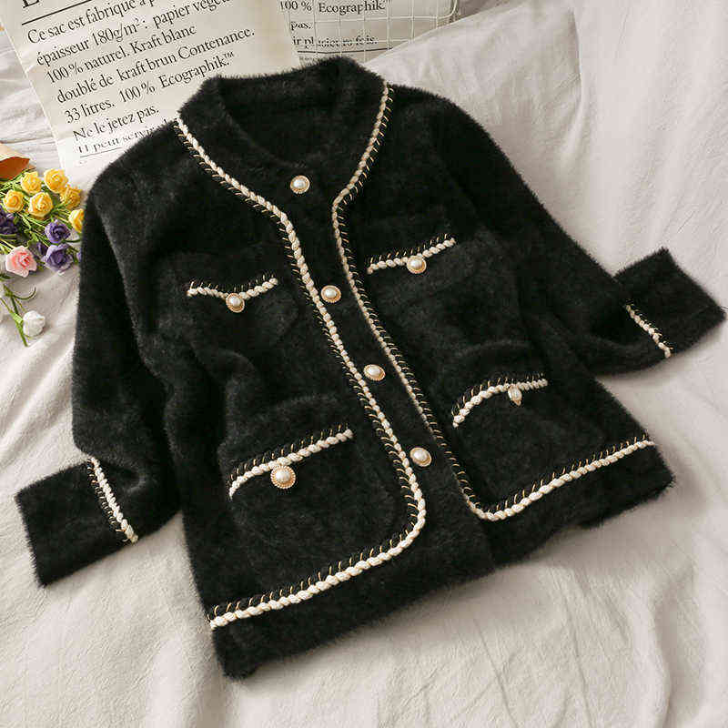 Mink Cashmere Loose Sweater Cardigan Jacket Women Autumn and Winter Short Bright Silk Stripe Thickened Knitted Top Coat 211117